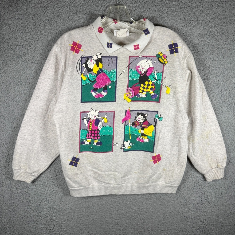 Vintage 1980s Cats Playing Golf-19th Hole Celebration Collared Sweatshirt Medium